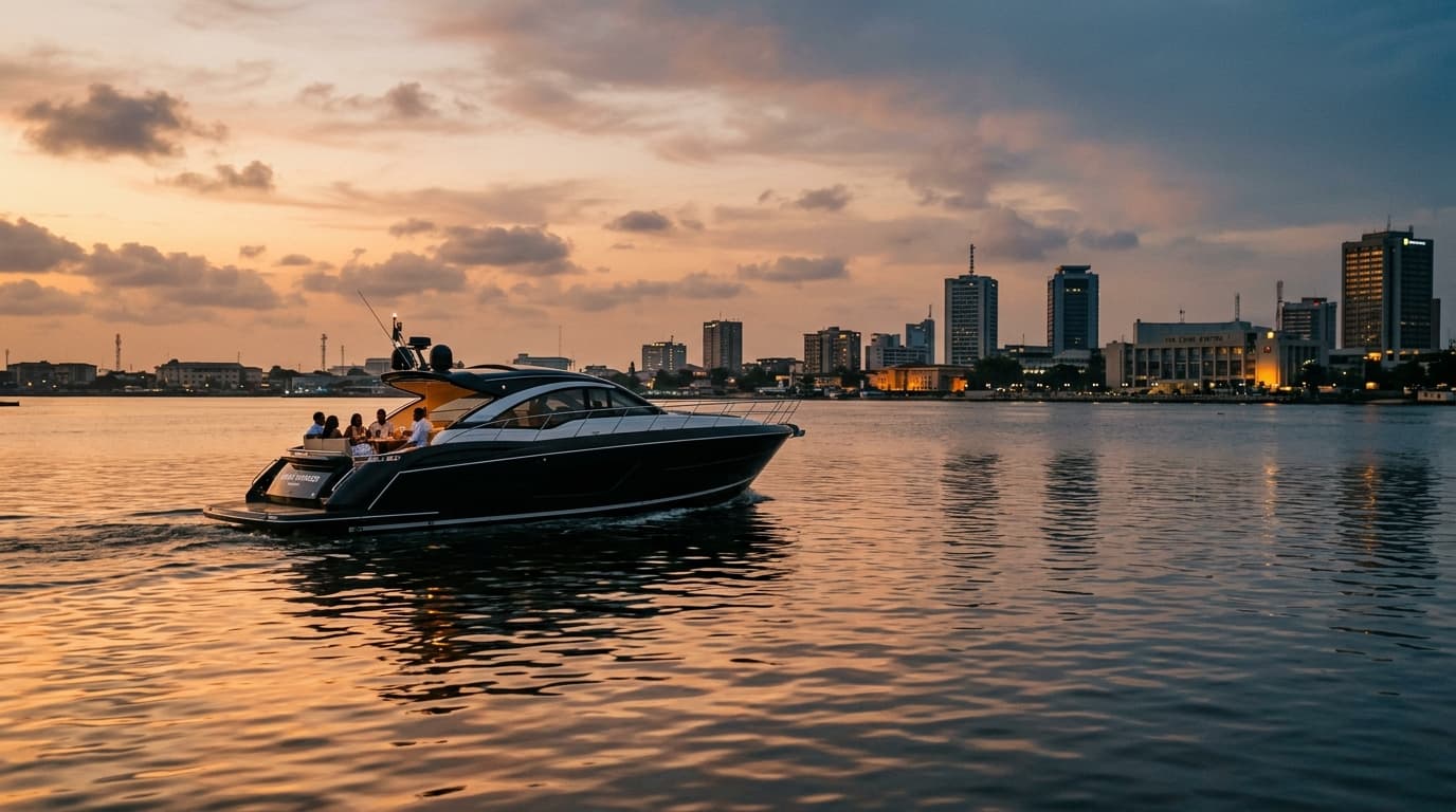 Luxury yacht cruising across Lagos lagoon at golden hour