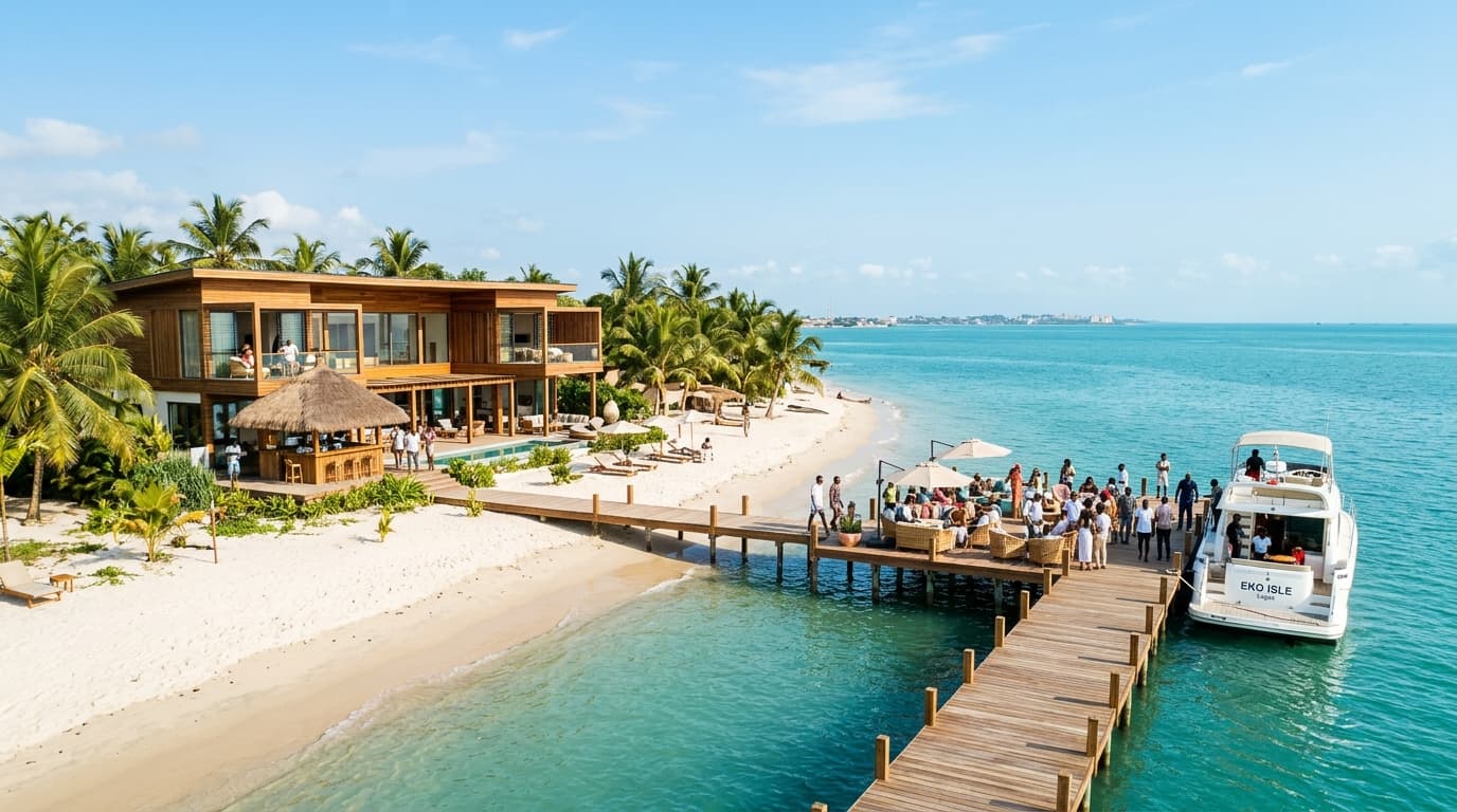 Luxury beach club jetty with boat in Lagos